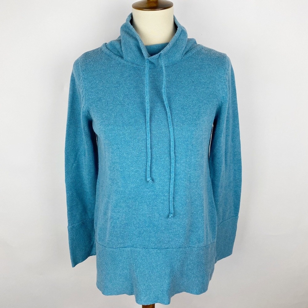 Dakini Cowl Neck‎ Drawstring Knit Tunic Sweater Womens Medium Blue Cotton Blend